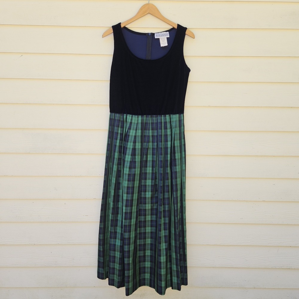 Vtg Jessica Howard Dress Women's 12 Navy Velvet Taffeta Plaid 90s Holiday USA